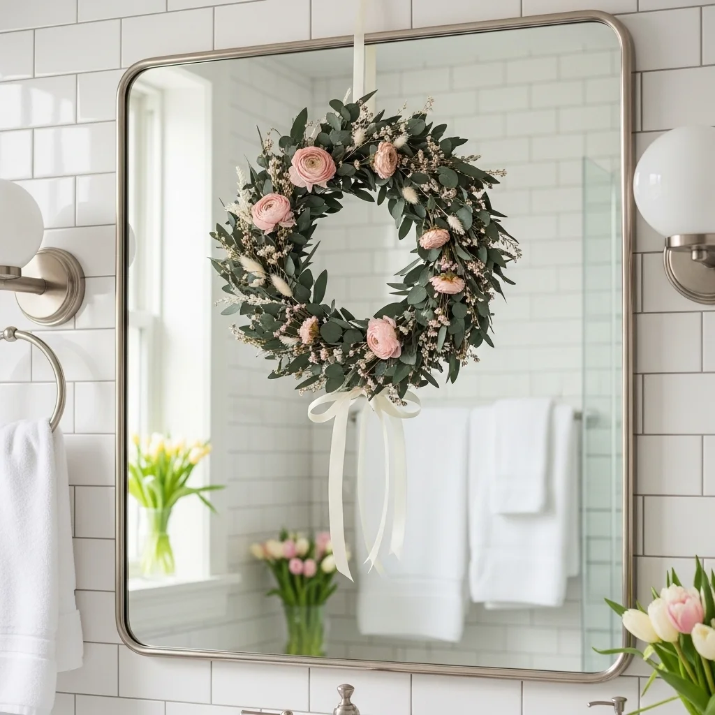 Small spring wreath with eucalyptus dried wildflowers and blush ranunculus hung on bathroom mirror with cream satin bow for easy Easter bathroom decor ideas 2026