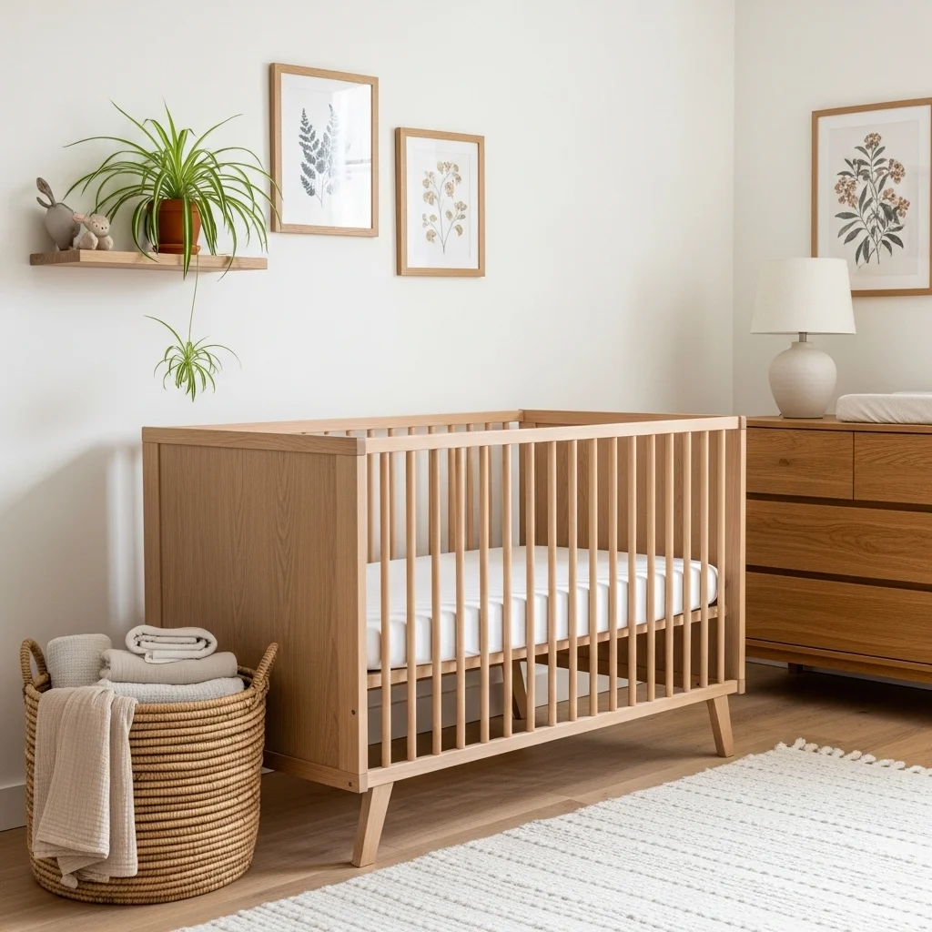 Eco friendly nursery with sustainably sourced wood crib organic cotton bedding rattan basket non-toxic plants and botanical wall art for eco friendly decor spring nursery inspiration ideas
