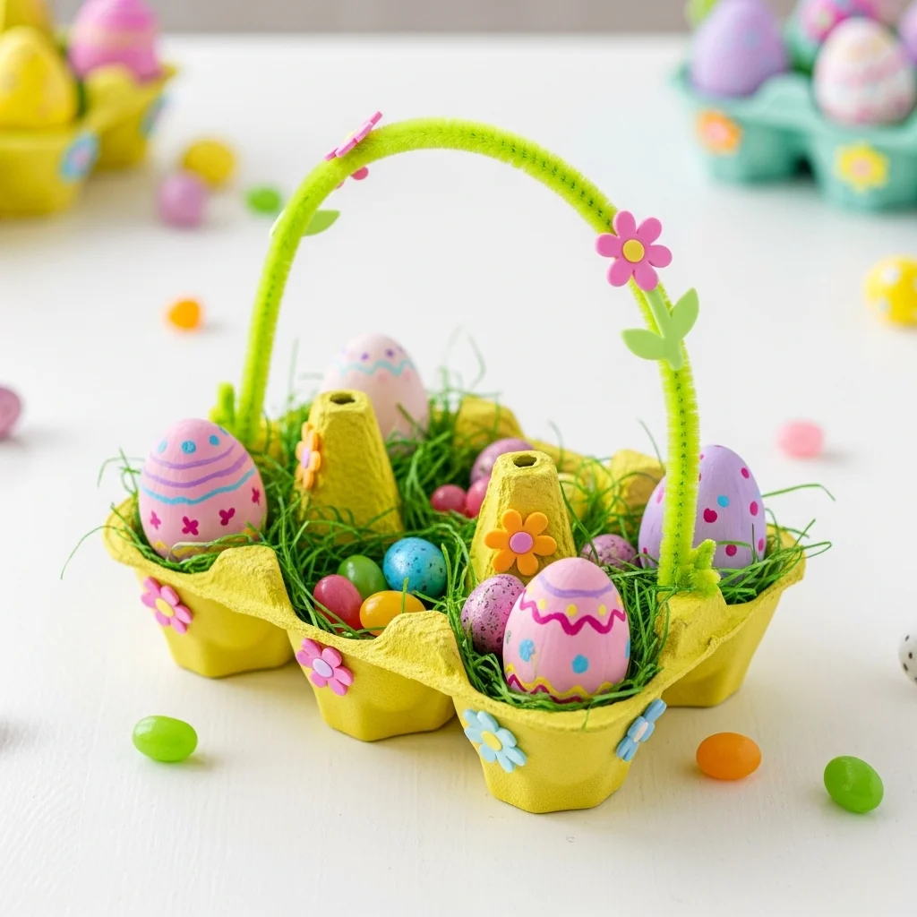 Handmade Easter basket craft made from egg carton painted yellow with pipe cleaner handle decorated with Easter egg designs and filled with candy for easy Easter crafts for kids