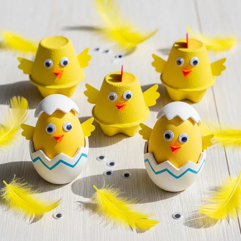 Egg carton Easter chick crafts painted yellow with googly eyes orange beaks and paper wings arranged on wood surface for easy egg crafts kids Easter arts and crafts