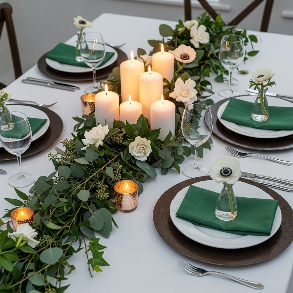 Elegant Easter tablescape with eucalyptus garland white pillar candles gardenias and dark bronze chargers for sophisticated Easter table centerpiece ideas