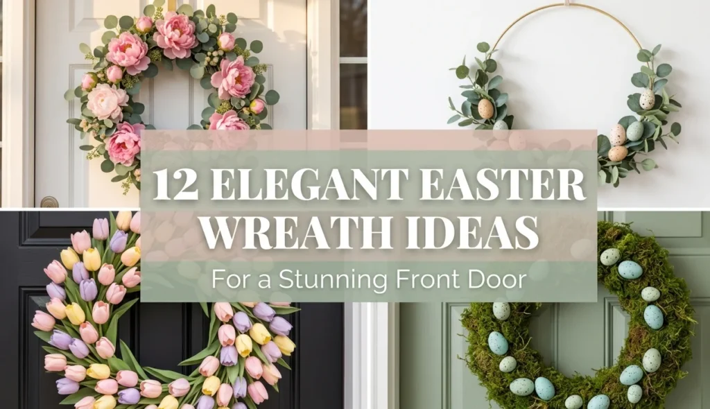 12 elegant easter wreath ideas collage showing peony wreath tulip wreath moss egg wreath and gold hoop wreath for DIY easter front door decorations
