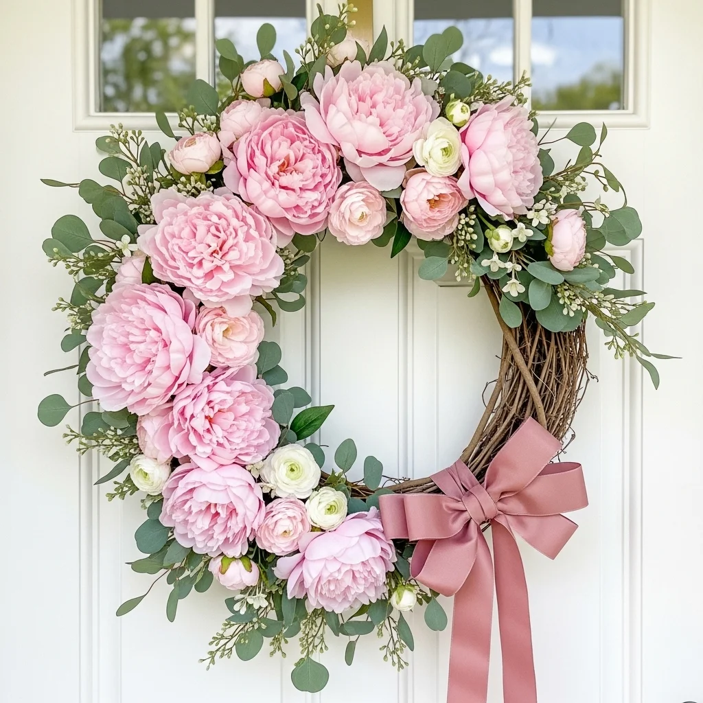 Elegant Easter wreath with pink peonies eucalyptus and dusty rose bow on white front door for DIY easter wreath ideas