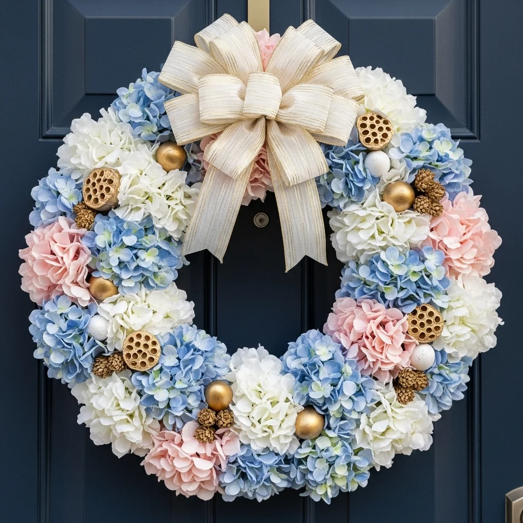 Elegant Easter hydrangea wreath in blue white and blush with gold egg accents and cream ribbon bow on navy front door