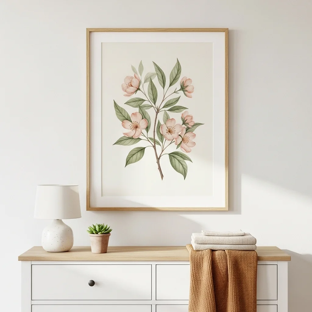 Elegant wall art botanical watercolour print in natural oak frame above white nursery dresser with ceramic lamp and terracotta plant for elegant wall art spring nursery inspiration ideas