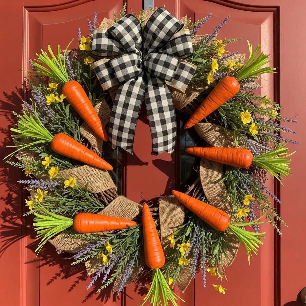 Farmhouse Easter wreath with burlap faux carrots and buffalo check bow on red front door for DIY easter wreath making ideas