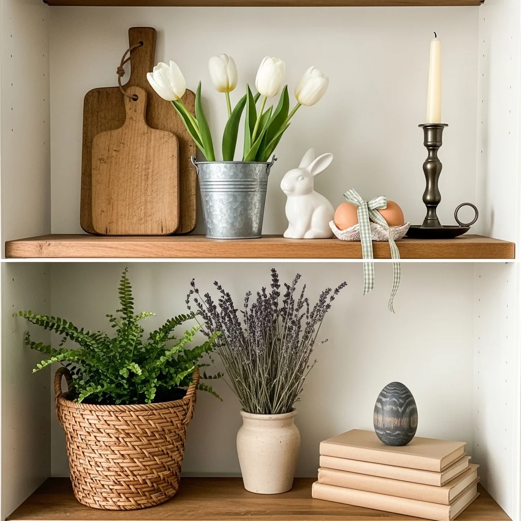 Farmhouse Easter bookshelf decor with worn wood cutting board galvanized bucket white tulips gingham ribbon eggs dark bronze candle rattan basket fern dried lavender and charcoal wooden egg for farmhouse spring shelf styling ideas