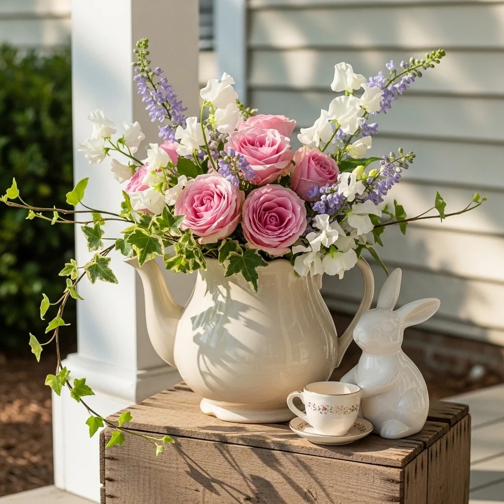 Floral teapot and bunny decor vignette with vintage cream teapot overflowing with pink roses and ivy beside white ceramic bunny on wooden crate for Easter porch decor outdoor ideas