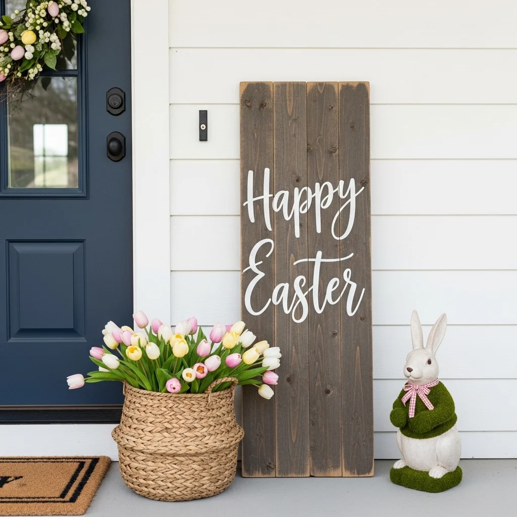 Easter porch decor with hand-lettered Happy Easter wooden sign mossy bunny statue and tulip basket on white farmhouse front porch outdoor display