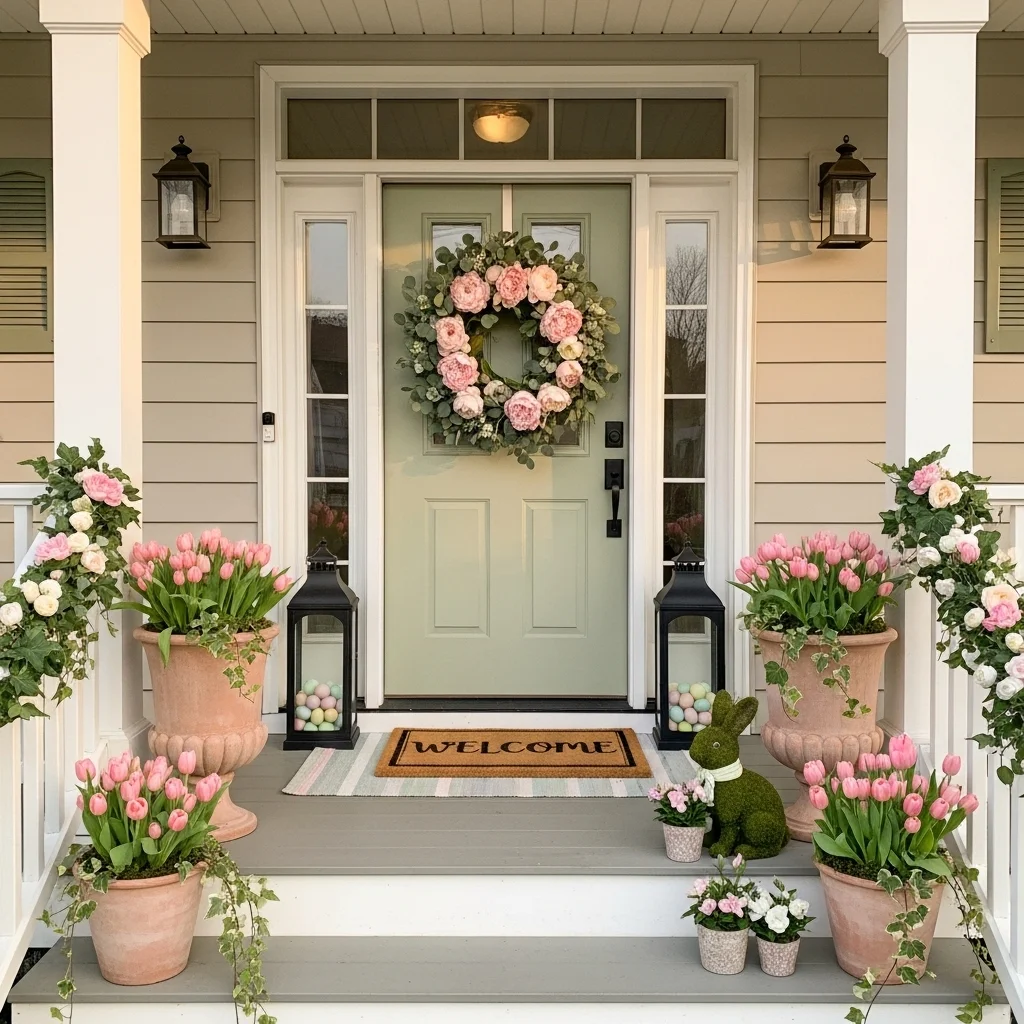 Full Easter porch decor outdoor display in blush pink sage green and cream with peony wreath tulip planters egg lanterns bunny statue and floral railing garland