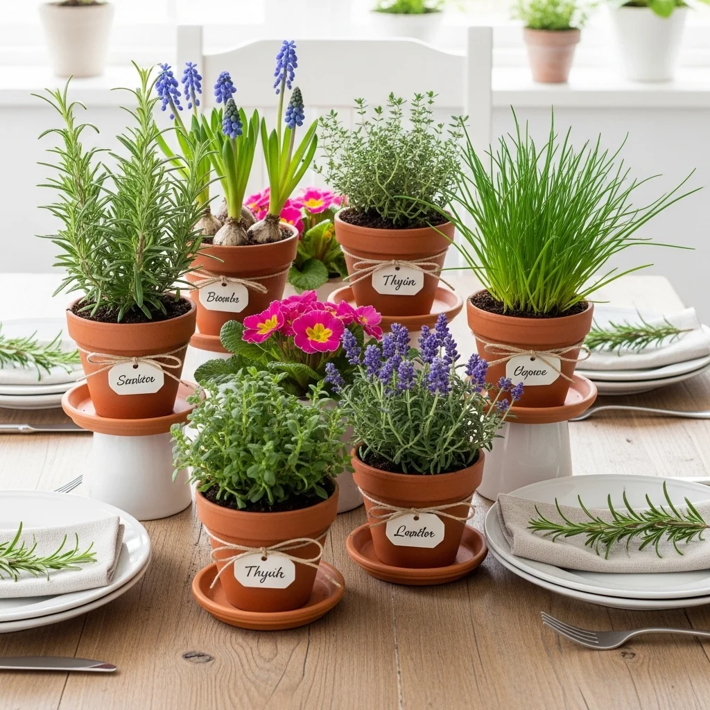 Garden inspired Easter tablescape with potted herb centerpiece terracotta pots rosemary lavender and grape hyacinths on wood table for Easter tablescapes ideas