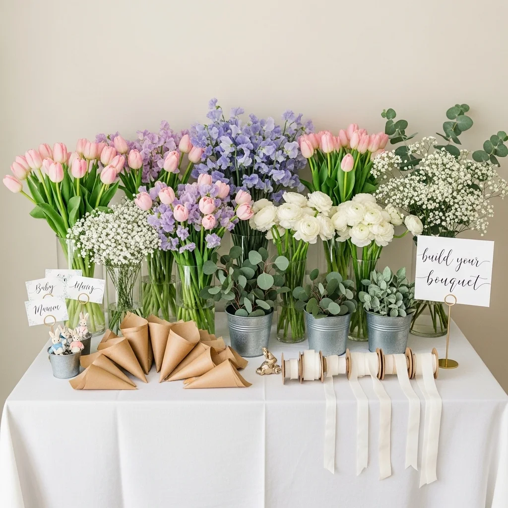 Girl bunny baby shower flower bar with blush tulips lavender sweet peas ranunculus eucalyptus kraft cones ribbon bunny picks and build your bouquet sign for Easter baby shower ideas