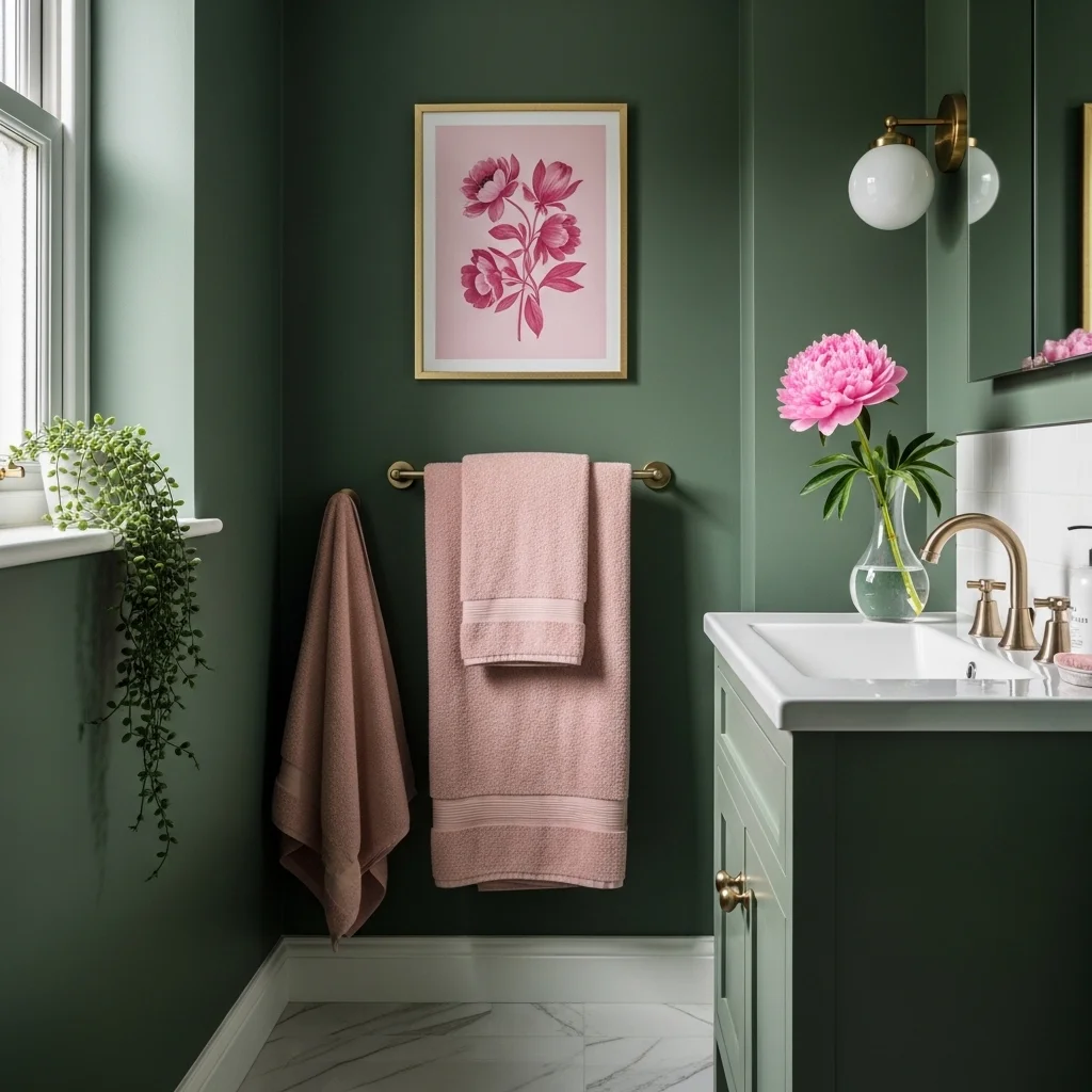 Green bathroom with pink accents featuring sage green walls blush towels pink peony bud vase and botanical floral artwork for spring bathroom design ideas 2026