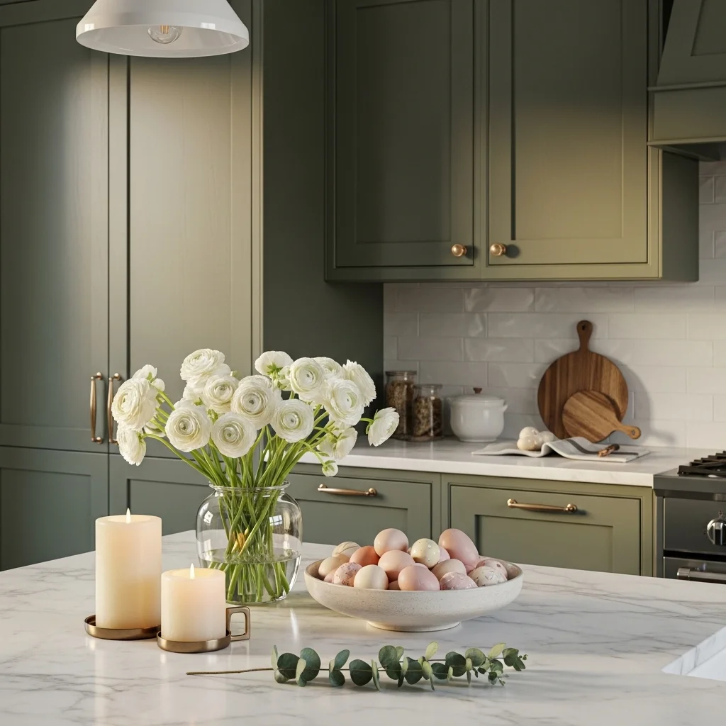  Easter kitchen island decor with sage green cabinet backdrop blush Easter egg bowl white ranunculus and cream candles on white marble island for green cabinets Easter kitchen ideas