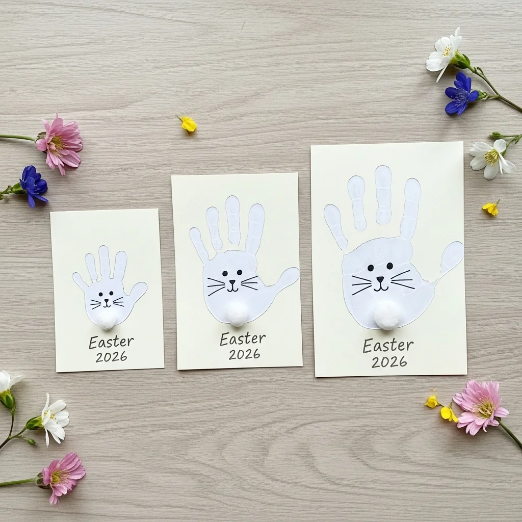 White handprint Easter bunny art in three different child sizes with drawn faces and cotton ball tails on cream paper for keepsake Easter art kids craft project