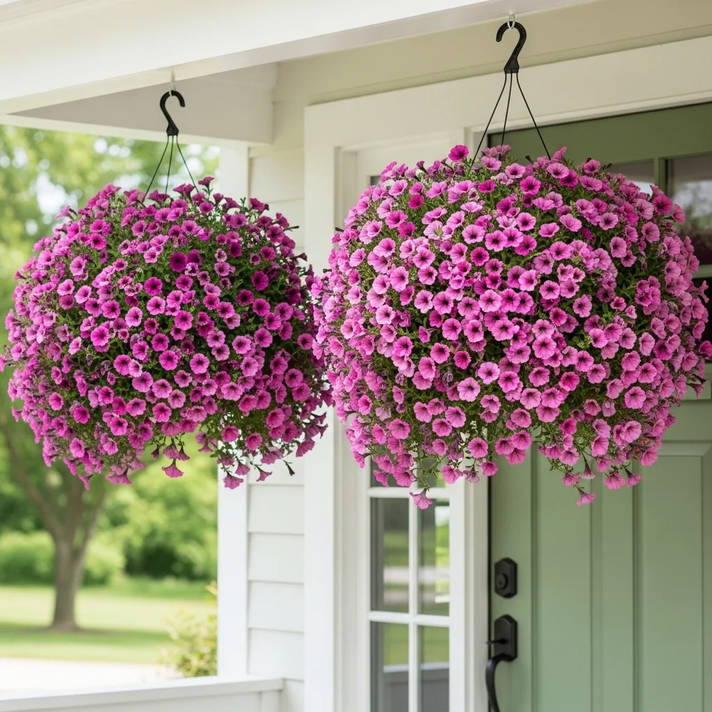 Lush pink and purple hanging flower baskets flanking sage green front door for spring porch cottage garden makeover