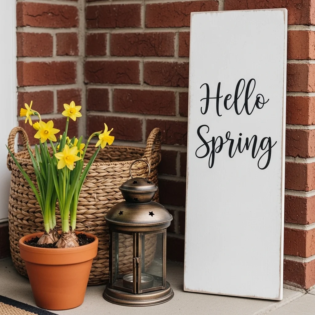 Rustic Hello Spring wooden sign with daffodils and lantern styled on front porch for personalised spring makeover decor