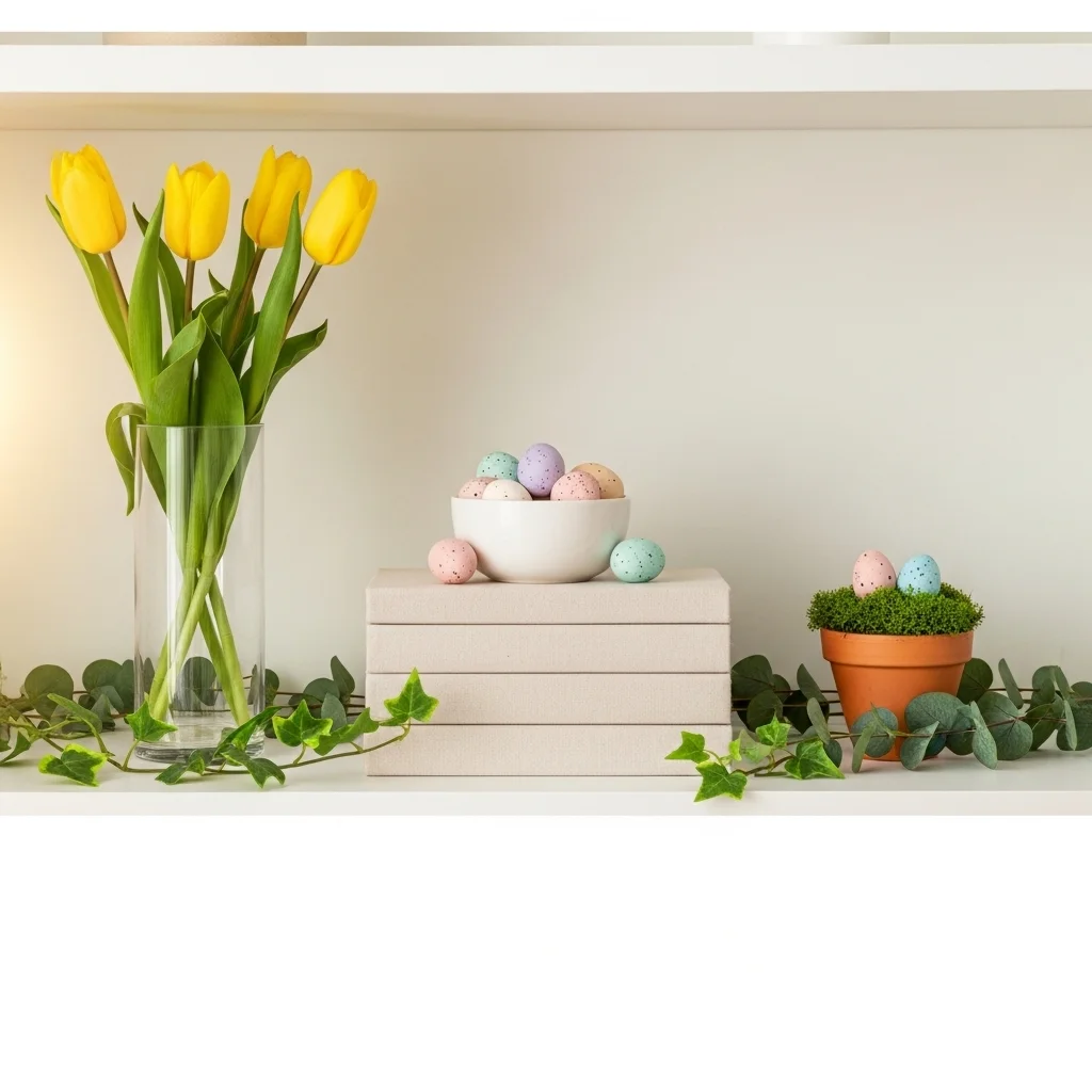 Layered Easter bookshelf decor with tall yellow tulip glass vase linen book stack pastel egg bowl terracotta moss pot and trailing eucalyptus for spring shelf height variation styling ideas 2026