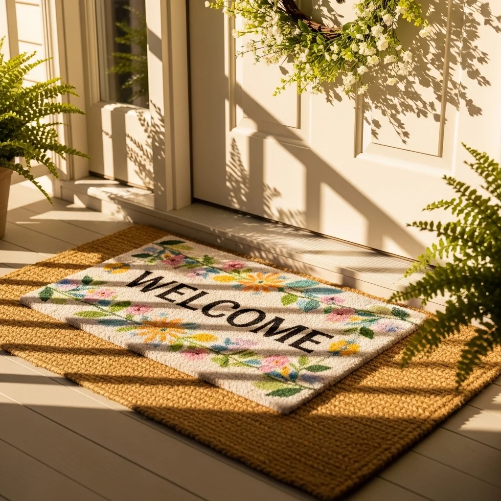 Layered welcome mat with jute base and pastel floral spring doormat at a cream front door for spring porch makeover