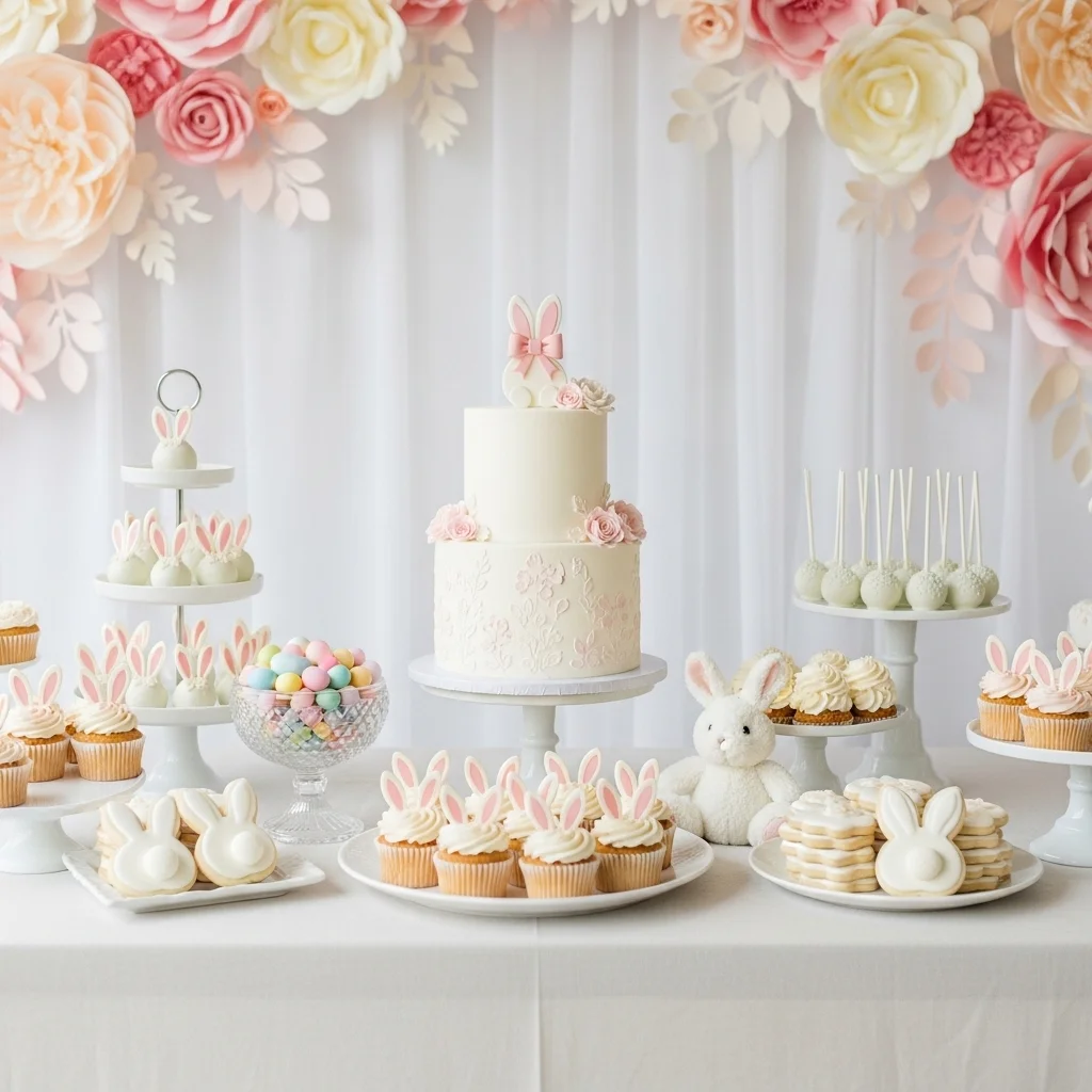  Little bunny baby shower dessert table with three tier floral fondant cake bunny cupcakes cake pops pastel jellybeans iced bunny cookies and plush bunny toy on cream linen for Easter baby shower ideas