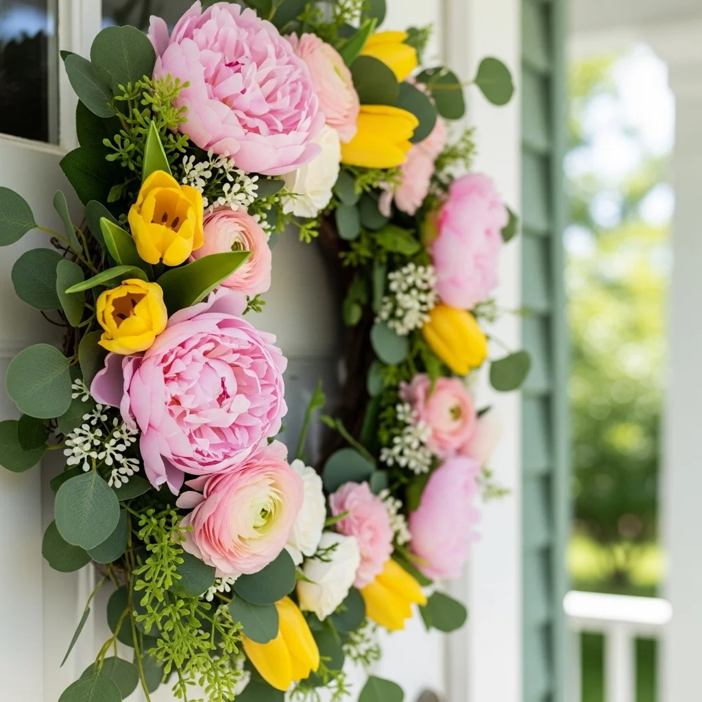  Lush spring floral wreath with pink peonies and yellow tulips on a white front door for spring porch decorating