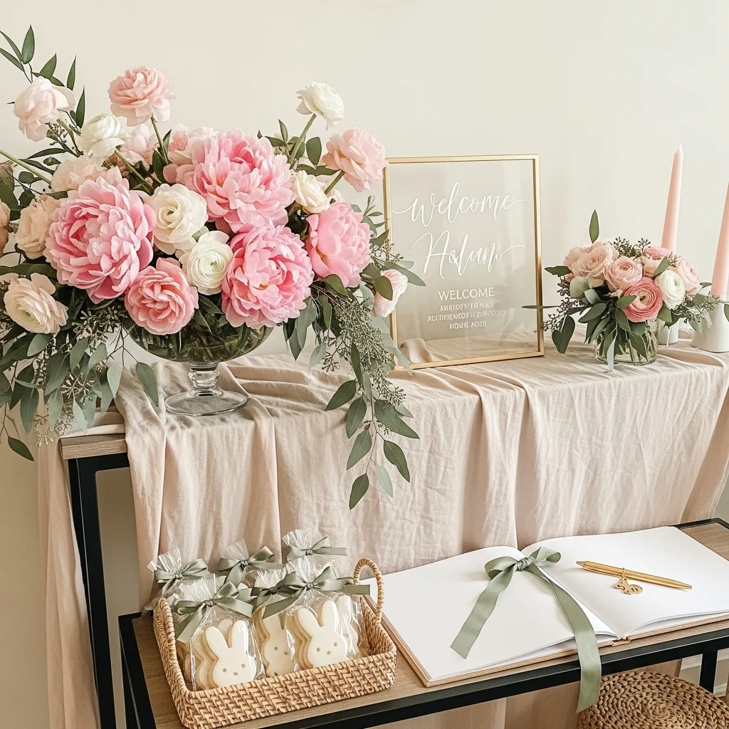 March baby shower girl welcome table with blush peony eucalyptus arrangement personalized welcome sign open guestbook with bunny charm pen and wrapped bunny cookie favours for Easter baby shower ideas