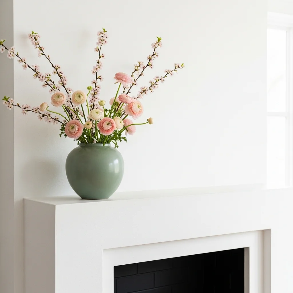 Single large sage green ceramic vase with peach ranunculus and cherry blossoms on minimal white spring fireplace mantel decor