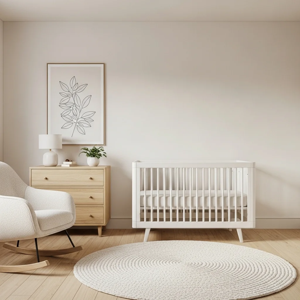 Beautiful minimalist nursery with white slatted crib oak dresser boucle rocking chair and botanical wall art on warm white walls for minimalist spring nursery inspiration ideas