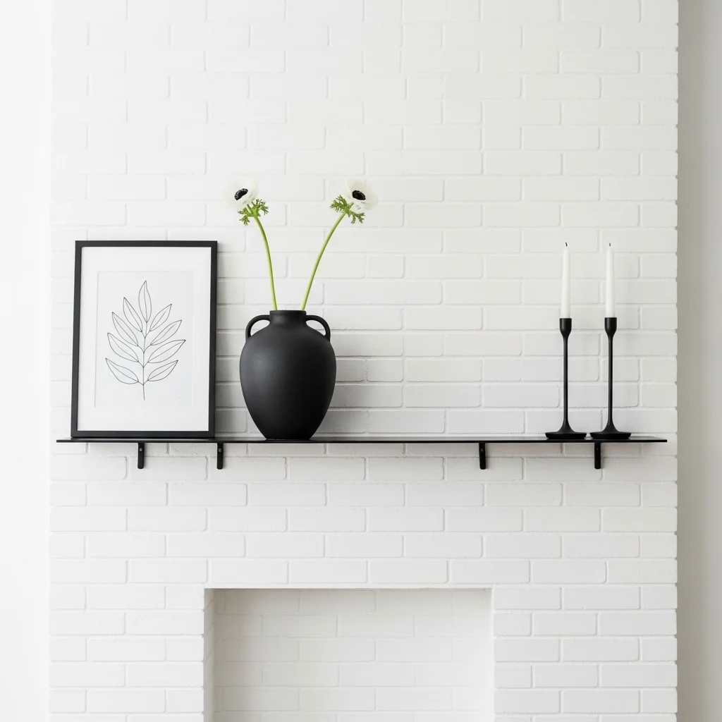 Minimalist white brick fireplace mantel with black ceramic vase white anemones and black candle holders for modern white brick mantel decorating ideas