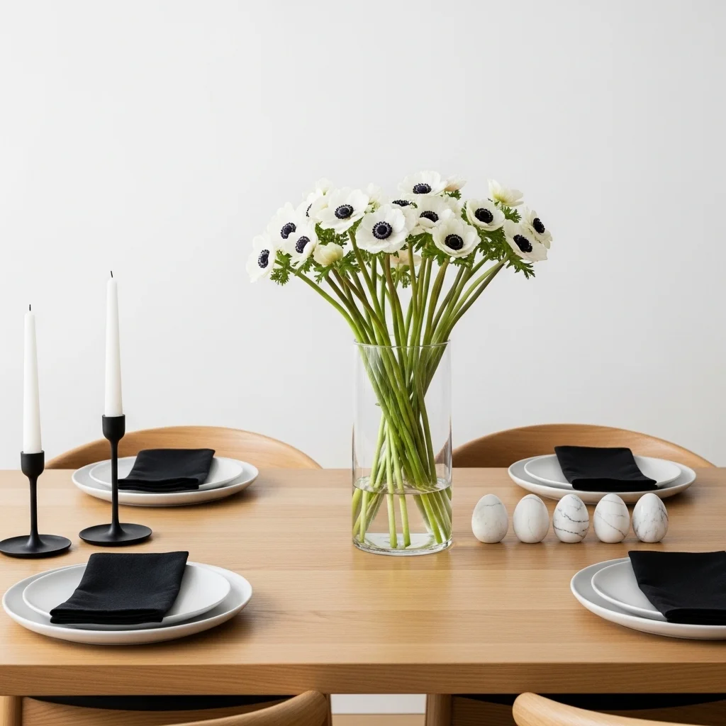 Modern minimalist Easter tablescape with single white anemone arrangement marble eggs and black candle holders on oak table for elegant Easter tablescapes ideas