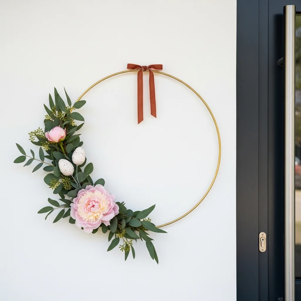 Modern minimalist gold hoop Easter wreath with eucalyptus peony and speckled eggs on white wall for unique elegant easter wreath ideas