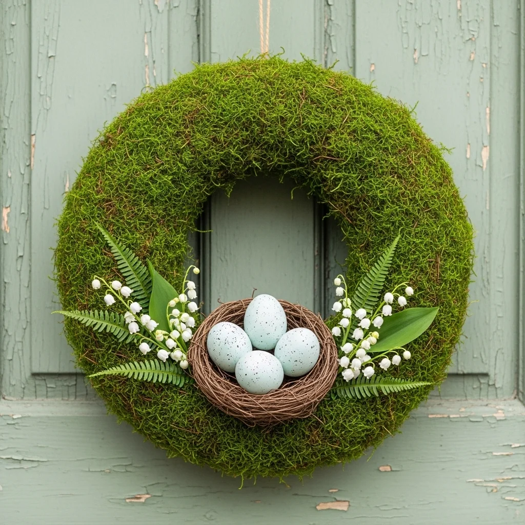 Elegant moss covered Easter wreath with speckled eggs nest and lily of the valley on sage green wooden front door for unique easter door decorations