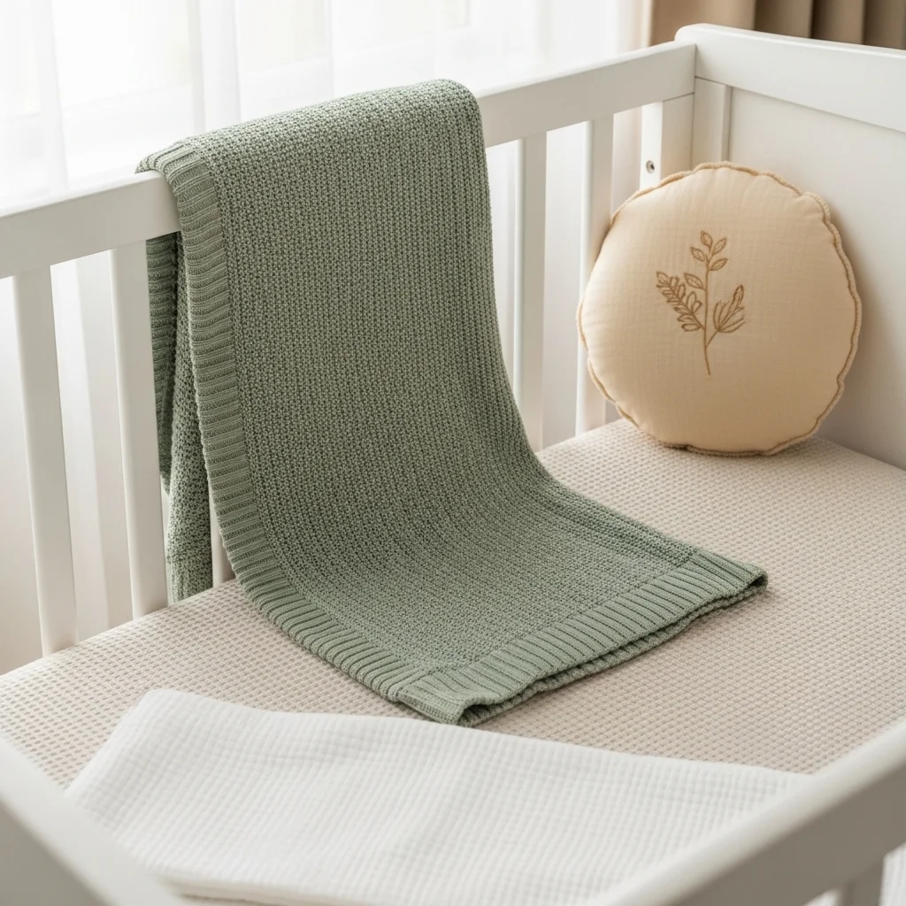 White wooden crib with elegant neutral bedding in oat linen sage green knit blanket and cream botanical cushion for spring nursery inspiration neutral bedding ideas 2026
