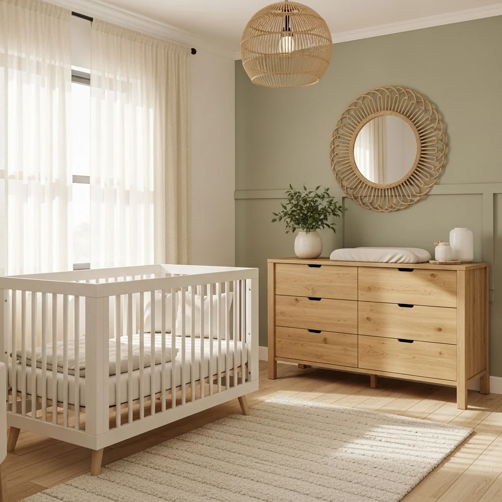 Serene neutral nursery in warm cream and sage green with white wooden crib neutral bedding oak dresser and sheer curtains for spring aesthetic spring nursery inspiration ideas 2026