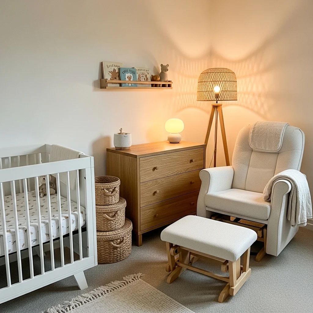  Nursery essentials corner with white convertible crib neutral bedding boucle nursing glider oak dresser dimmable lamp and woven storage baskets for spring nursery inspiration ideas 2026