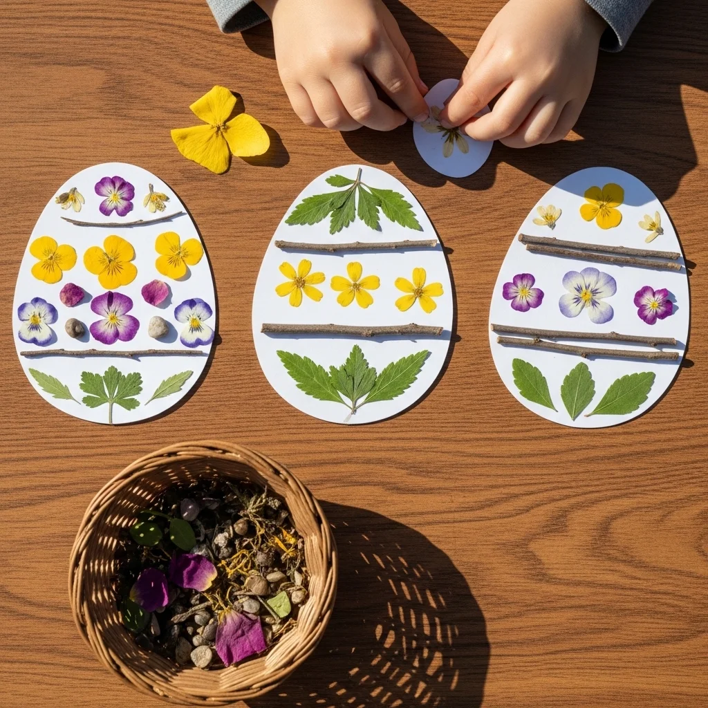 Nature collage Easter egg crafts made from pressed flowers leaves petals and pebbles on card stock beside wicker collection basket for outdoor crafts Easter art kids activity
