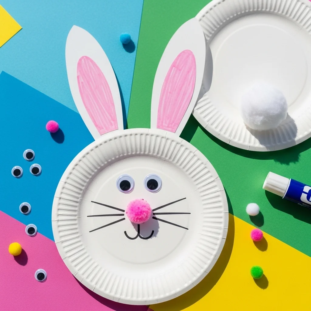 Finished paper plate Easter bunny craft with googly eyes pink pom-pom nose and cotton ball tail surrounded by craft supplies for easy Easter crafts for kids