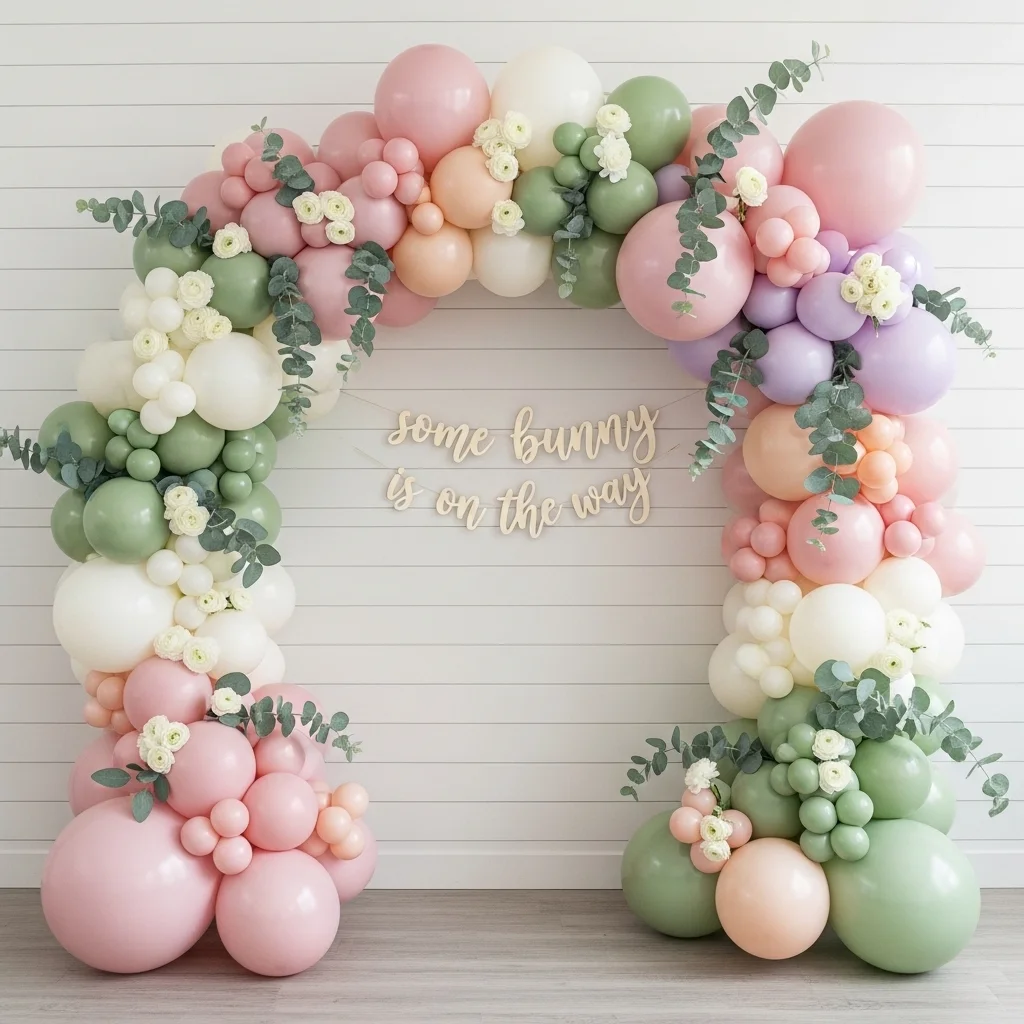  Pastel balloon arch for bunny themed baby shower in blush pink lavender cream and sage green with eucalyptus ranunculus and some bunny banner for Easter baby shower ideas 2026