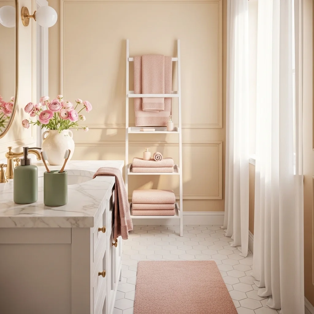 Soft pastel spring bathroom decor with blush towels sage green accessories cream ceramic vase with ranunculus and white sheer curtains for spring bathroom decor ideas 2026