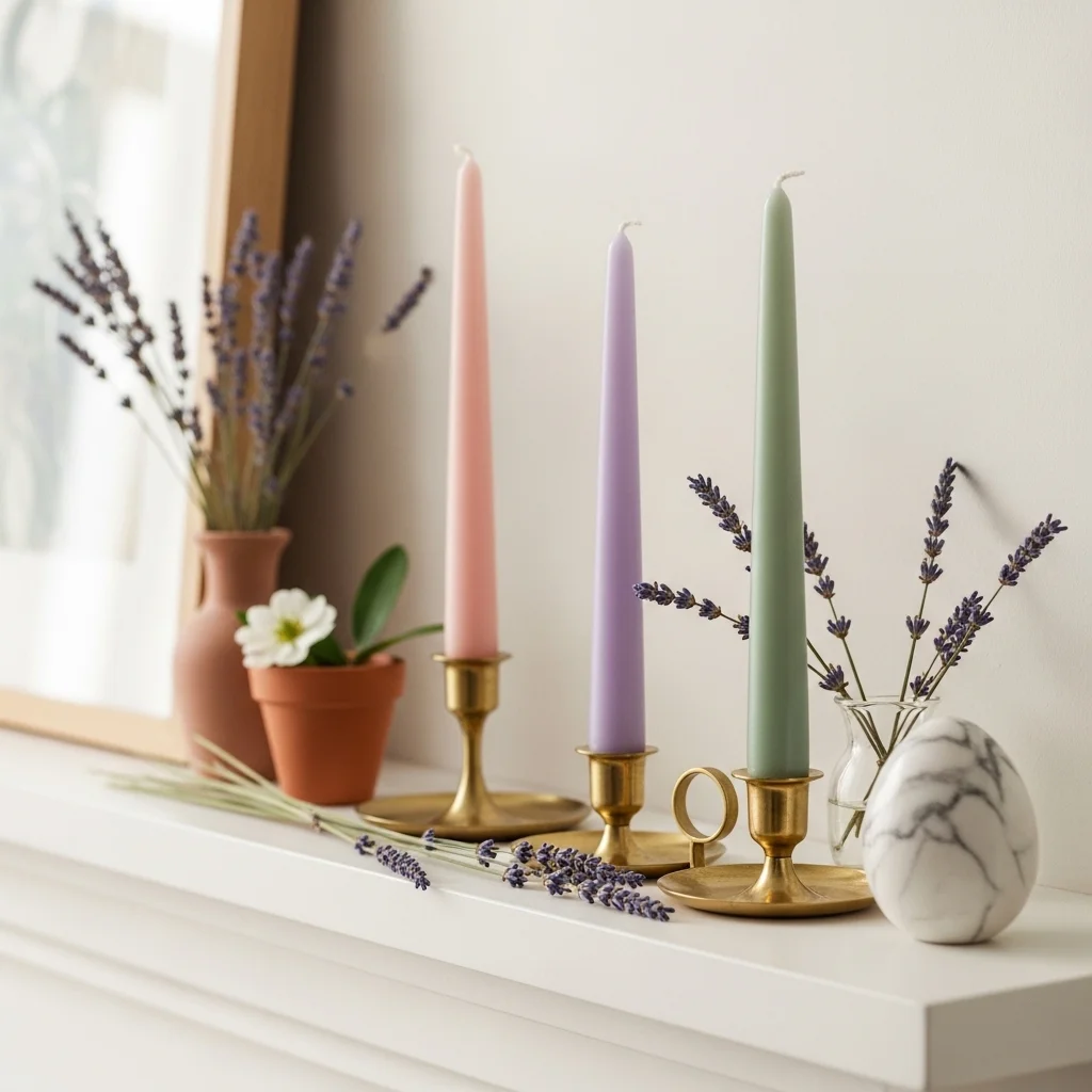 Pastel blush pink lavender and sage taper candles in brass holders styled on white mantel shelf for spring fireplace mantel decor