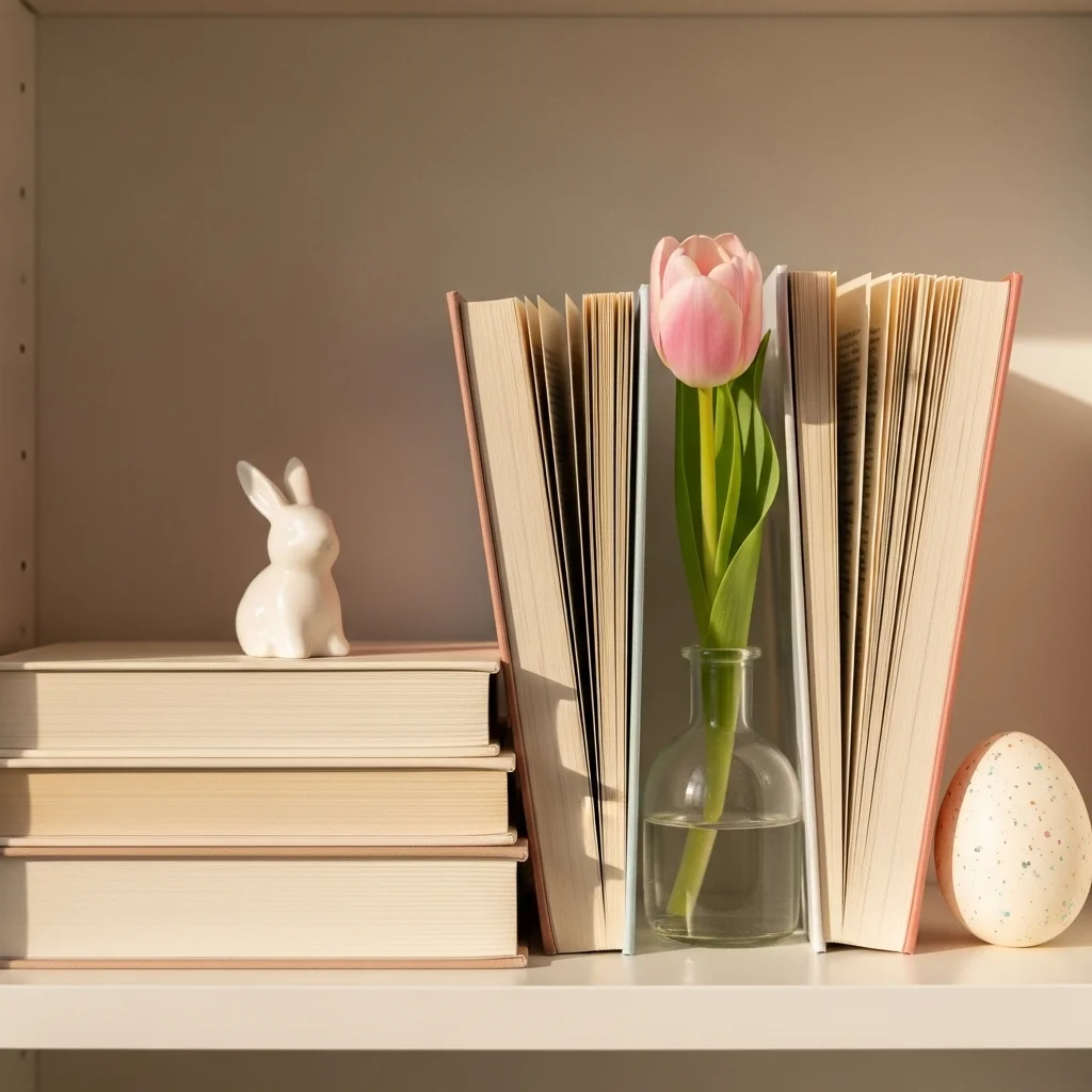 Pastel Easter bookshelf decor in blush pink lavender and cream with speckled egg bowl ceramic vase ranunculus linen book riser sage candle and trailing ivy for spring bookshelf styling ideas 2026