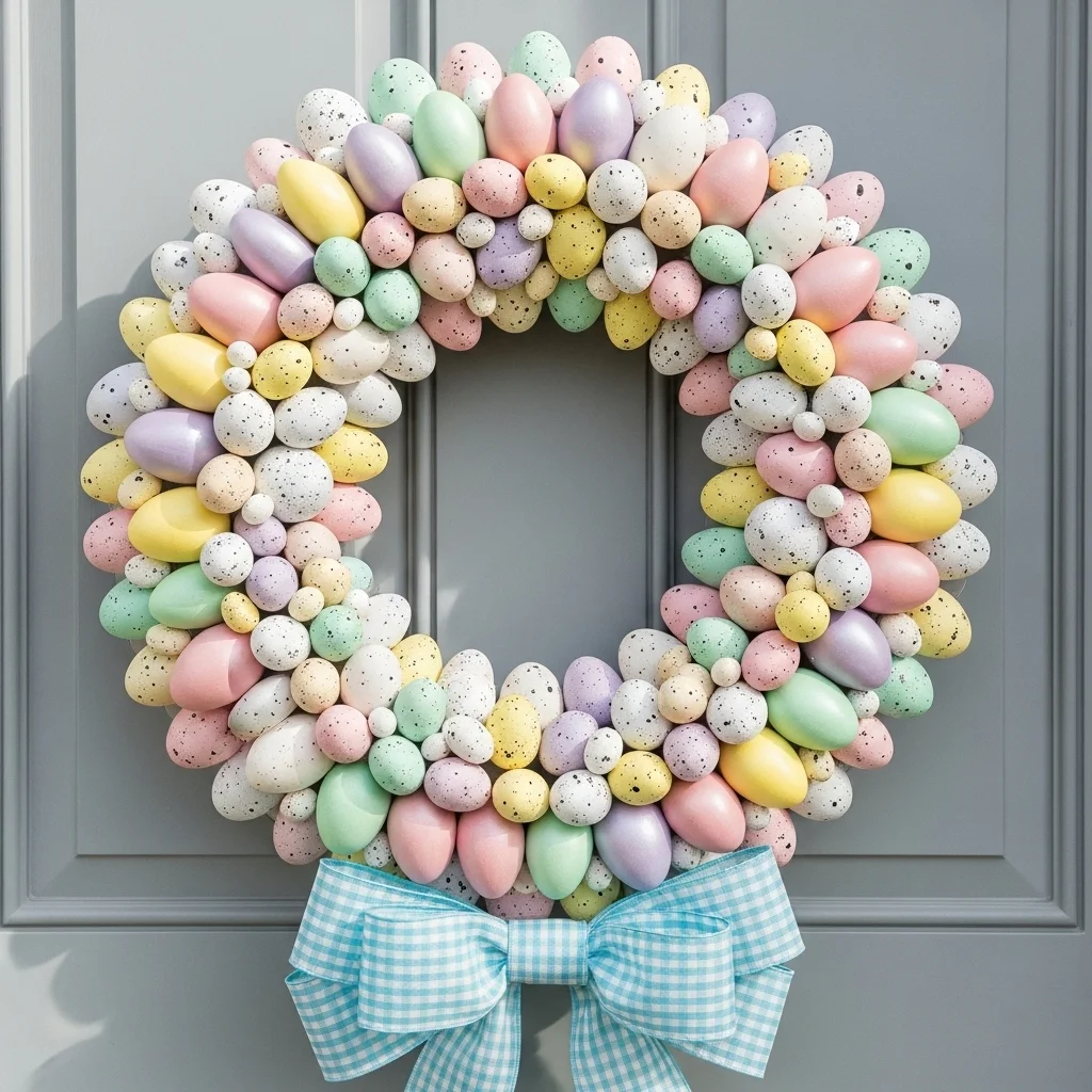 Pastel Easter egg mosaic wreath with mixed matte and pearlescent eggs in pink lavender yellow and mint for elegant easter decorations ideas front door