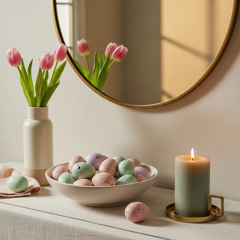 Pastel Easter entryway table decor with blush pink speckled egg bowl pink tulip vase sage green candle cream linen runner and gold mirror for Easter entryway table decor ideas 2026