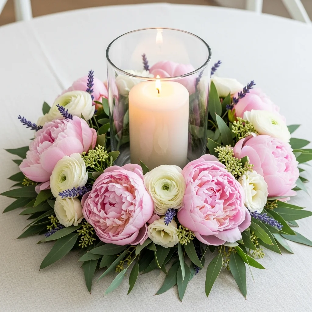 Glass hurricane candle holder surrounded by circular blush peony ranunculus lavender and eucalyptus floral crown wreath for pastel Easter table theme centrepiece ideas