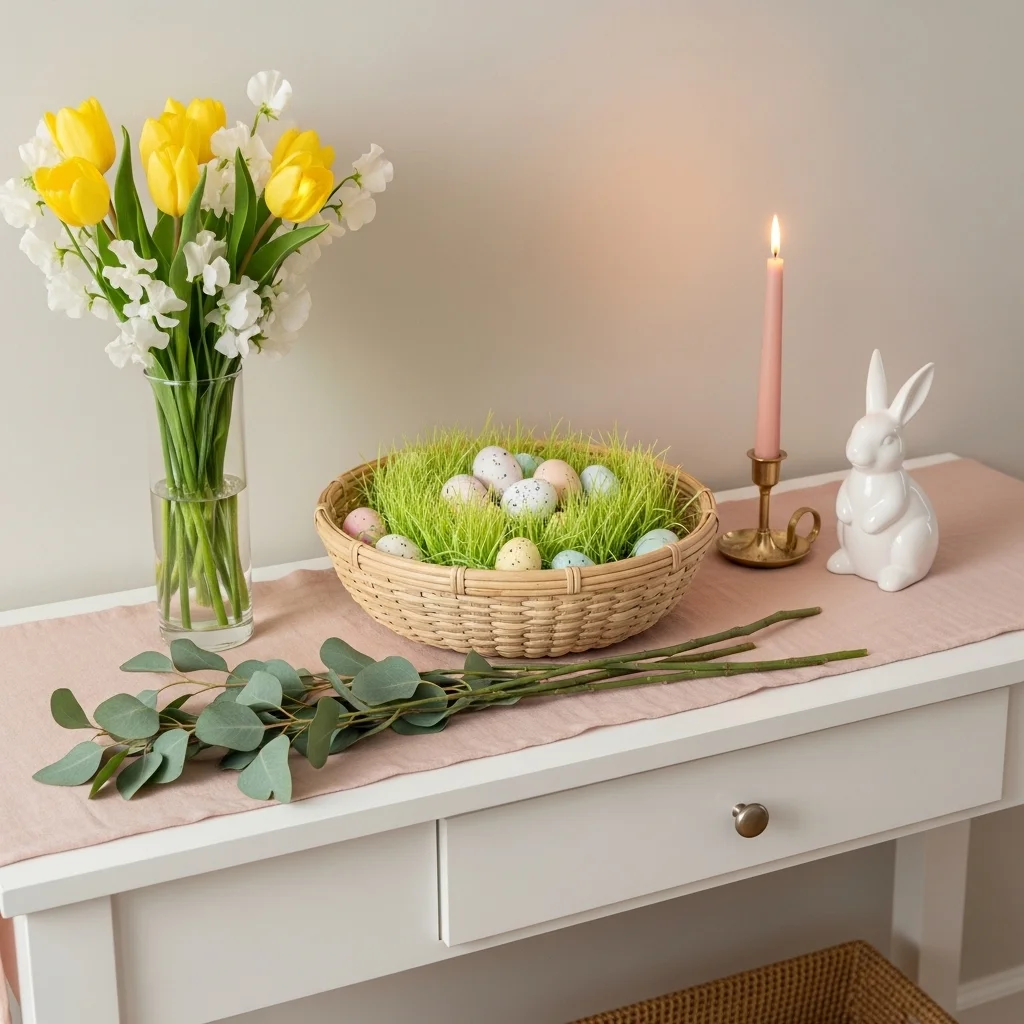 Complete pastel Easter tablescape on white console entryway table with woven basket eggs yellow tulips white bunny blush taper candle and eucalyptus runner for pastel Easter tablescapes ideas 2026