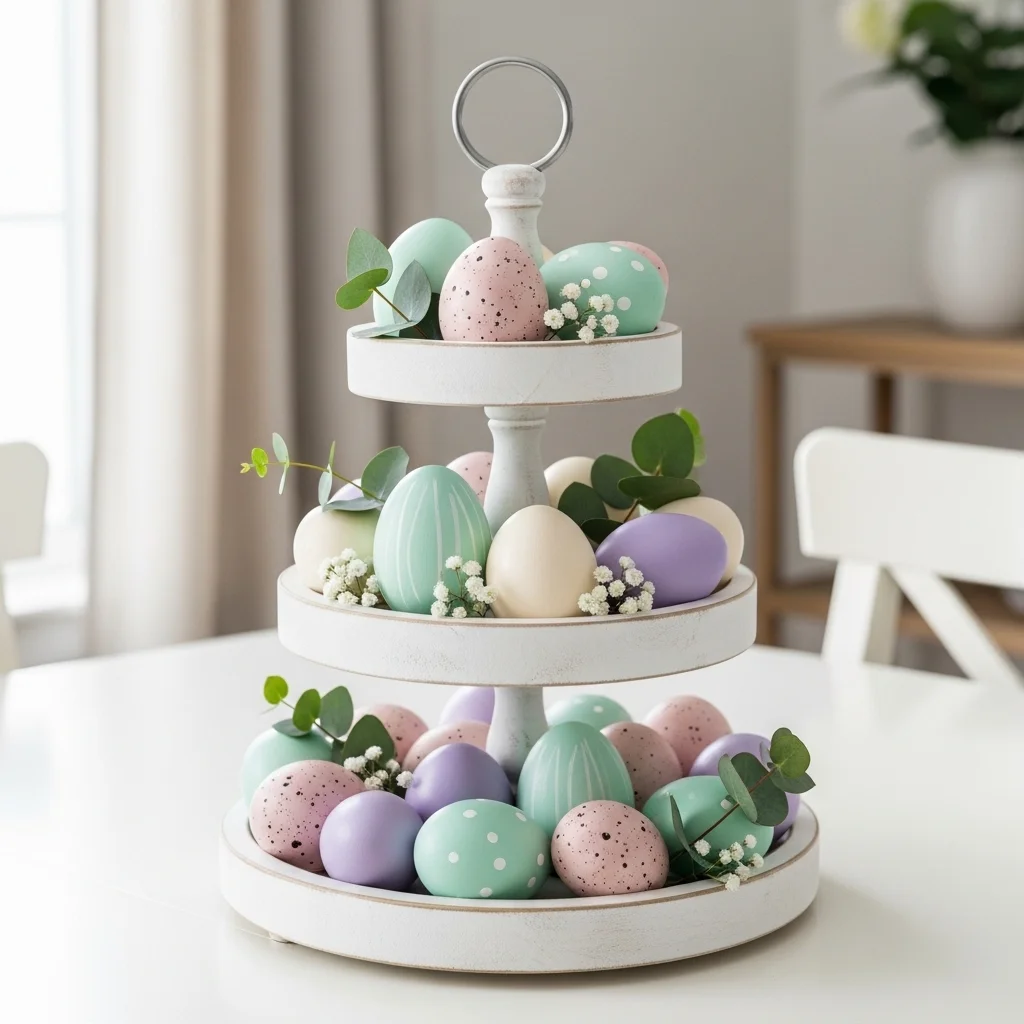 Three tier white wooden stand with pastel speckled matte and pearlescent Easter eggs and eucalyptus sprigs for pastel Easter tablescapes centrepiece ideas 2026