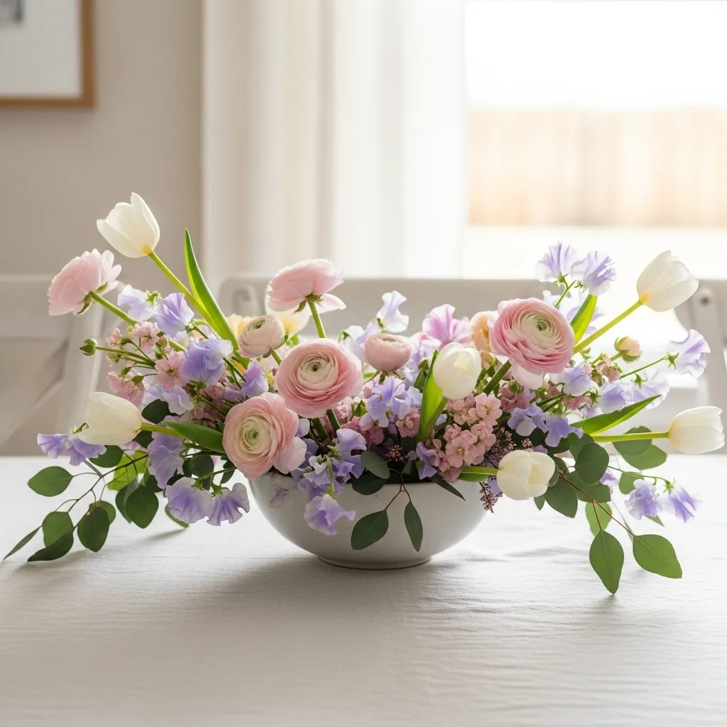 Low white ceramic bowl with lush blush ranunculus lavender sweet peas white tulips and eucalyptus for pastel floral Easter table centrepiece ideas 2026