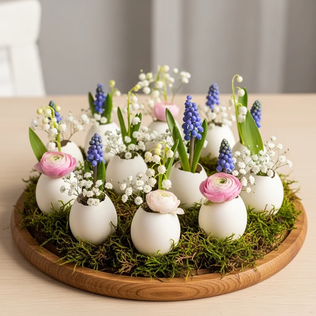 Twelve eggshell bud vases with tiny grape hyacinths lily of the valley ranunculus and baby's breath on moss wooden board for pastel floral Easter theme table centrepiece ideas