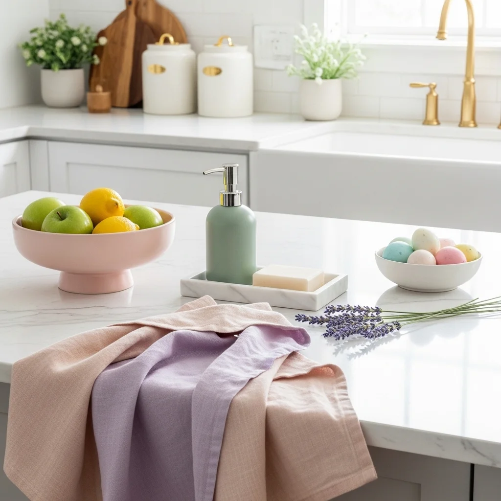 Coordinated pastel kitchen decor with blush fruit bowl sage green soap dispenser lavender dish towels cream canisters and pastel Easter eggs on white marble kitchen island