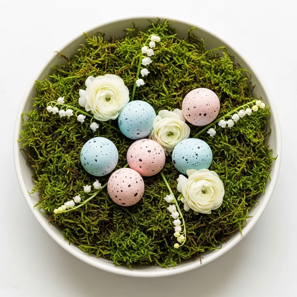 Organic spring moss nest bowl with pastel speckled eggs white ranunculus and lily of the valley for pastel spring aesthetic Easter table centrepiece ideas
